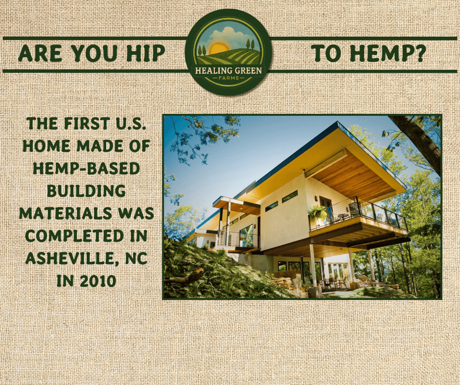 A modern house with large windows and a slanted roof sits among trees. Text explains it's the first U.S. home made of hemp-based building materials, completed in Asheville, NC in 2010. Healing Green Farms logo is above.