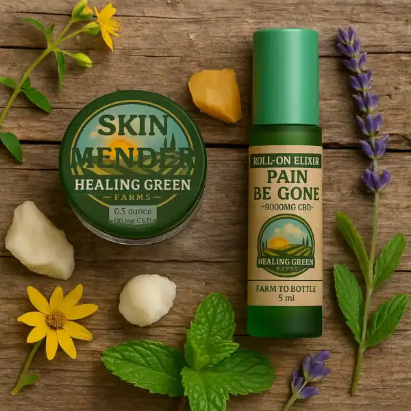 Top-down view of the Healing Green Pain Be Gone and Skin Mender Sample Combo, surrounded by fresh herbs, flowers, and beeswax on a wooden surface.