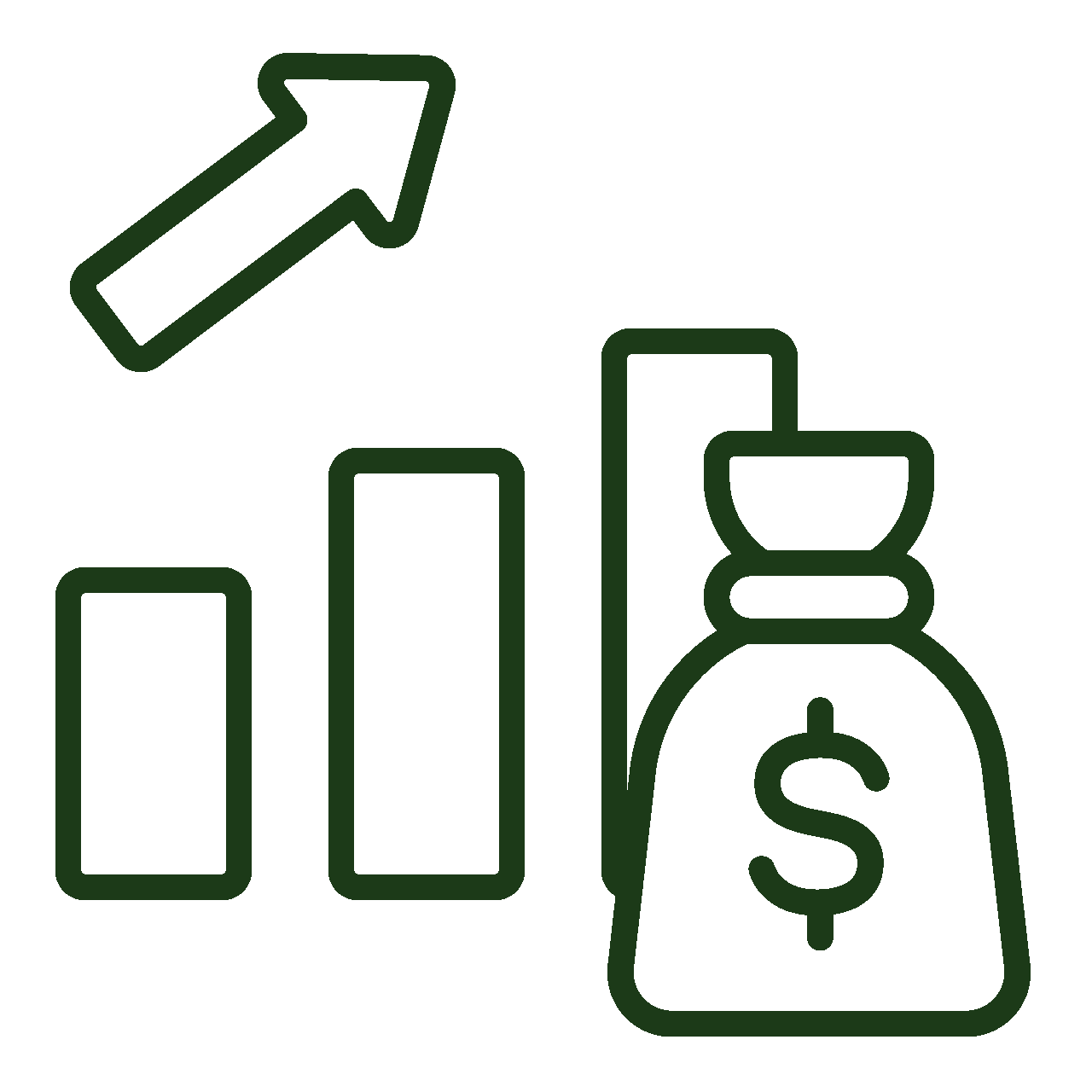A simple line drawing of a bar chart with an upward arrow above it and a money bag with a dollar sign in front, symbolizing financial growth or profit increase.