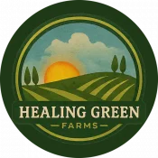 Sunrise over lush green fields with Healing Green Farms logo, emphasizing organic CBD farm practices and natural wellness.