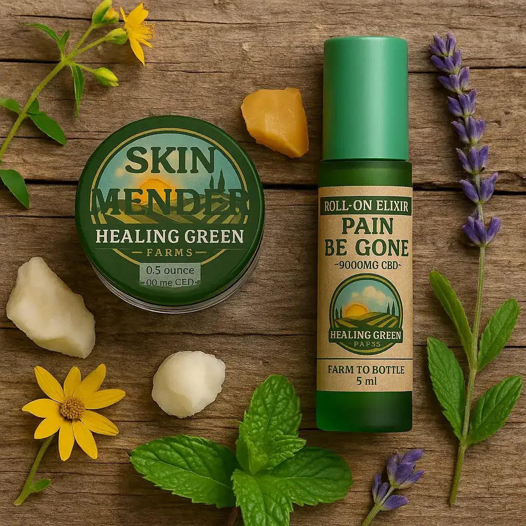 Top-down view of the Healing Green Pain Be Gone and Skin Mender Sample Combo, surrounded by fresh herbs, flowers, and beeswax on a wooden surface.